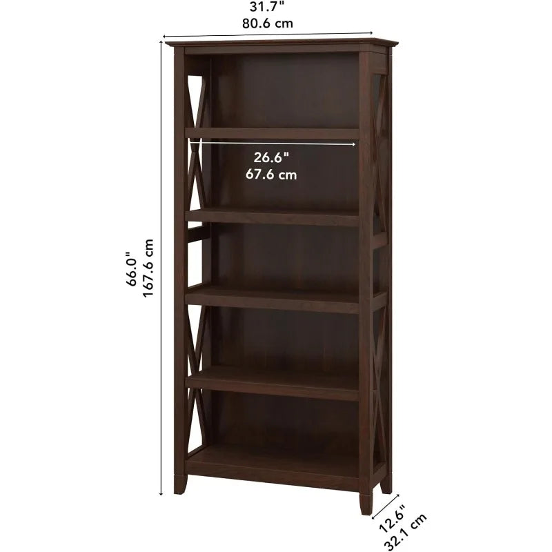 Bookcase Tall 5 Shelf  for Living Room or Home Office, Large Bookshelf, Modern Farmhouse Style, Key West Collection, Bing Cherry