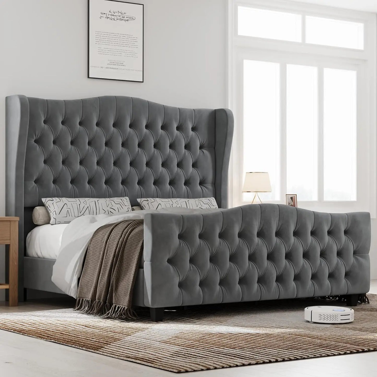 Bed Frame King Size Tall Headboard 54.3", Platform with Deep Button Tufted Wingback Headboard and Footboard, Velvet Upholstered