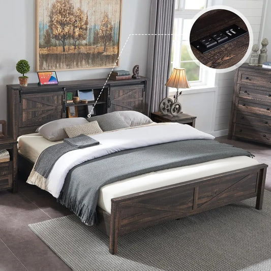 Bed Frame King Size or Queen Size W/Storage Bookcase Headboard, Charging Station, Wood Slats Support, No Box Spring Needed, Wood Platform Bed