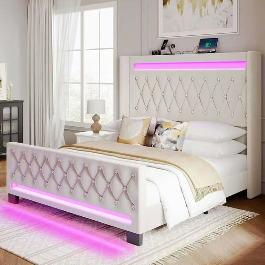 Bed Frame Queen Size with LED Light and Charging Station, Upholstered High Headboard and Footboard, Wood Slats, Noise Free, Beige