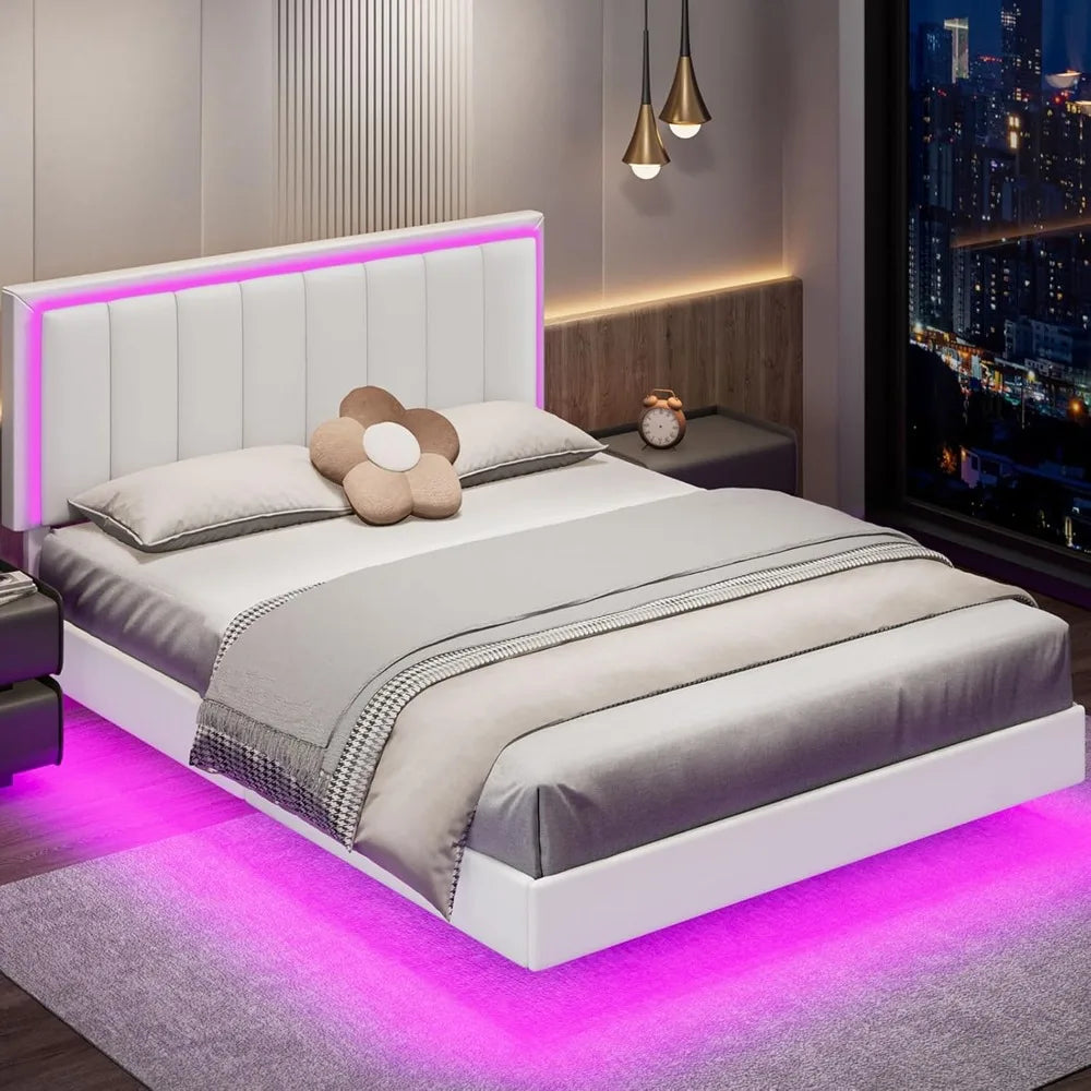 Floating Bed Frame Queen with RGB LED Lights, Upholstered Bed Frame Queen with Headboard, Solid Wood Slats Support