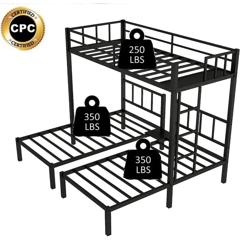 Bunk Beds Black Metal Triple Frame, Twin Over Twin & Twin Bunk Bed with Guardrails, Can Be Separated into 3  Beds for Kids, Bed Frames Only