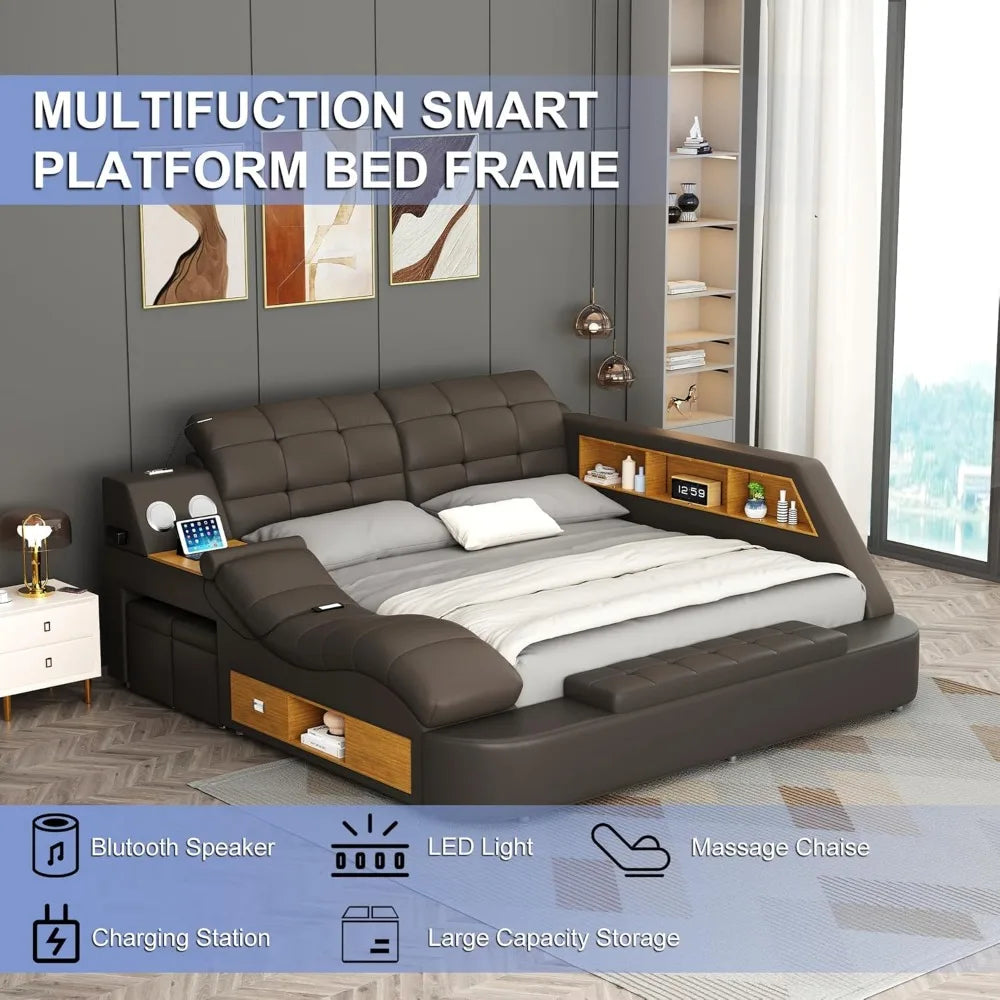 Luxury Smart King Size or Queen SizeBed Frame, Multifunction Bed Frame Upholstered Platform with Massage Recliner/Bluetooth Speaker/USB Charging