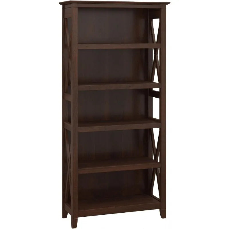 Bookcase Tall 5 Shelf  for Living Room or Home Office, Large Bookshelf, Modern Farmhouse Style, Key West Collection, Bing Cherry