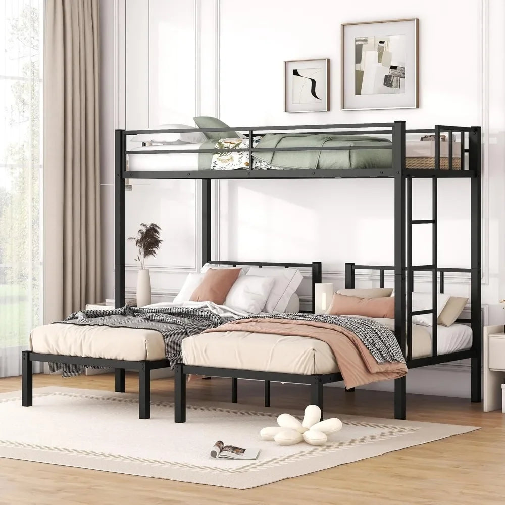 Bunk Beds Black Metal Triple Frame, Twin Over Twin & Twin Bunk Bed with Guardrails, Can Be Separated into 3  Beds for Kids, Bed Frames Only