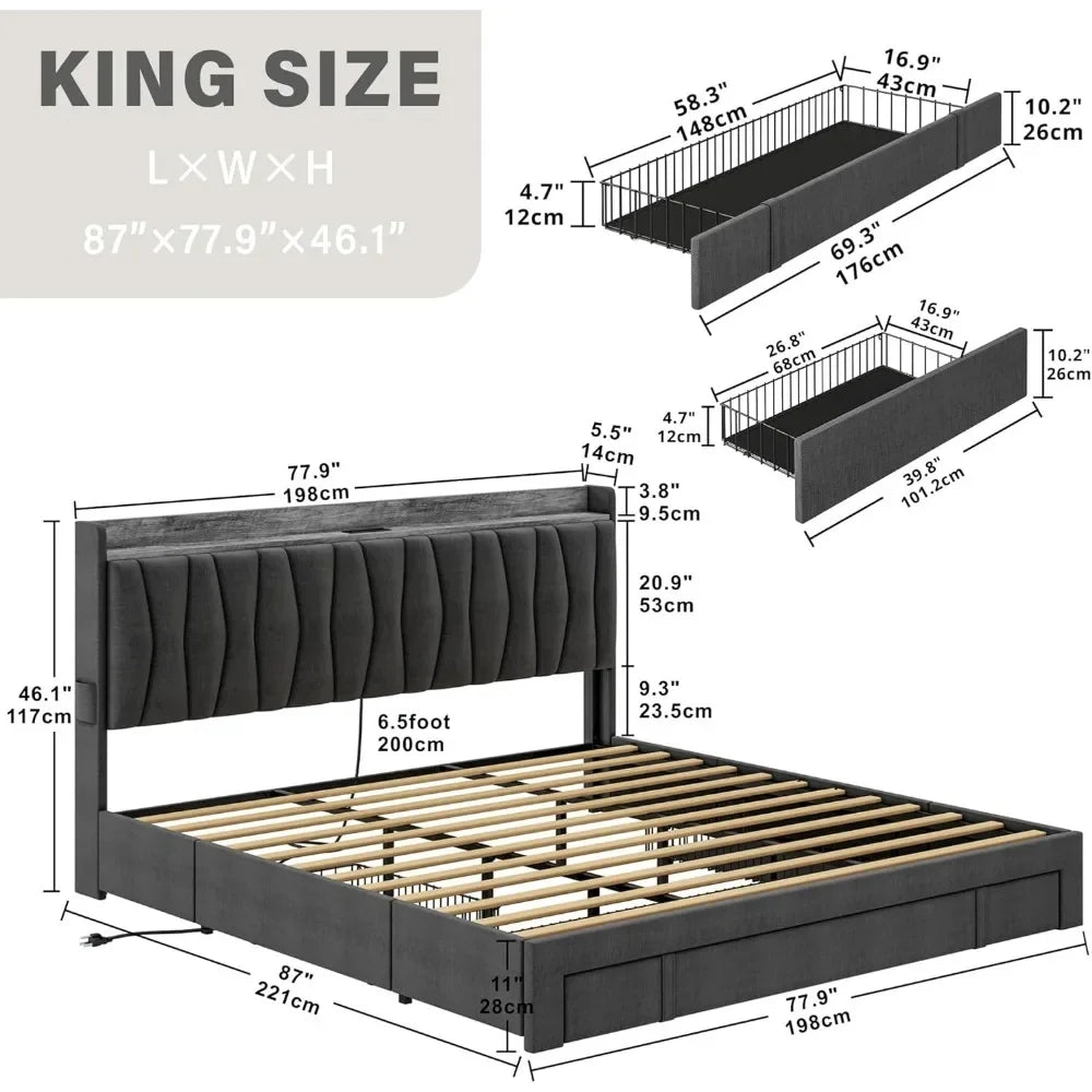 Bed Frame King Size or Queen Size with Storage Headboard and Charging Station, Platform Bed with 3 Drawers, No Box Spring Needed, Easy Assembly