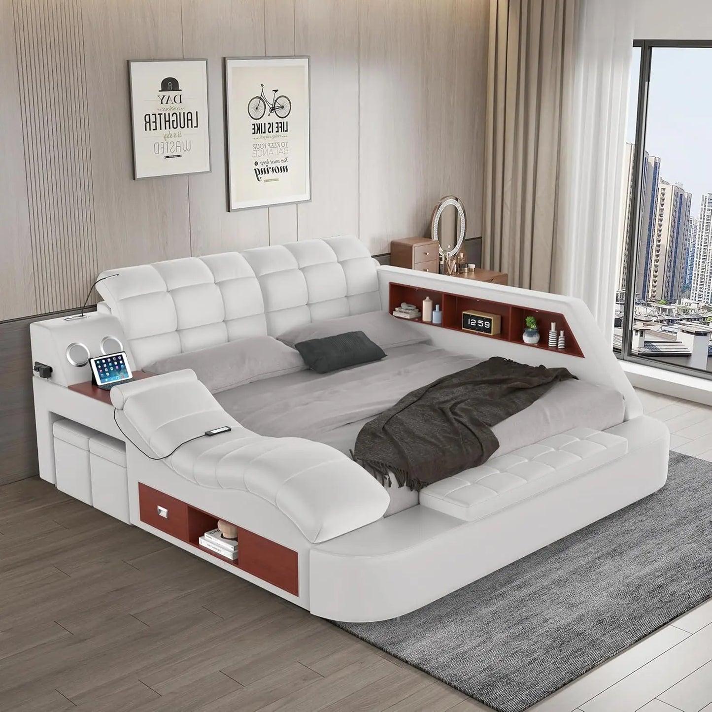 Luxury Smart King Size or Queen SizeBed Frame, Multifunction Bed Frame Upholstered Platform with Massage Recliner/Bluetooth Speaker/USB Charging