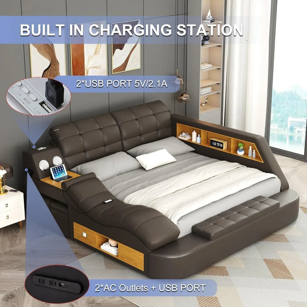 Luxury Smart King Size or Queen SizeBed Frame, Multifunction Bed Frame Upholstered Platform with Massage Recliner/Bluetooth Speaker/USB Charging