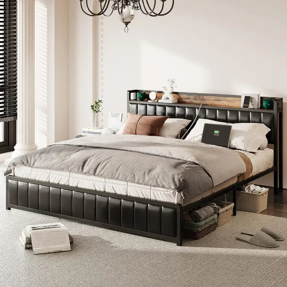 Bed Frame King Size or Full Size Headboard & Footboard, Upholstered Platform Bed with USB Ports & Outlets, Strong Steel Slats