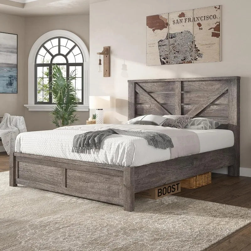 Bed Frame Farmhouse Queen Size with 49.2" Barn Door Headboard Platform Bed Frame with Wood Slats Under Bed Storage Space