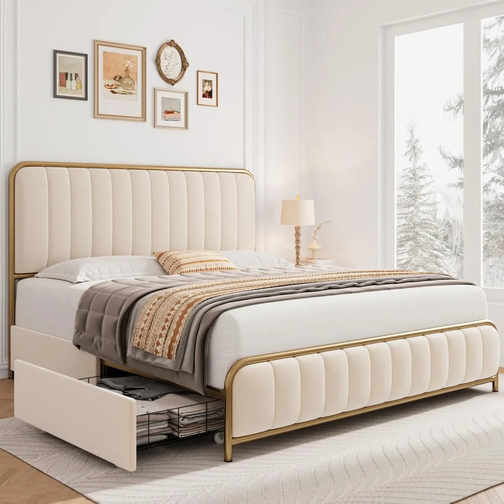 Bed Frame Full Size with 4 Storage Drawers and Headboard, Heavy Duty Metal Mattress Foundation with Wooden Slats