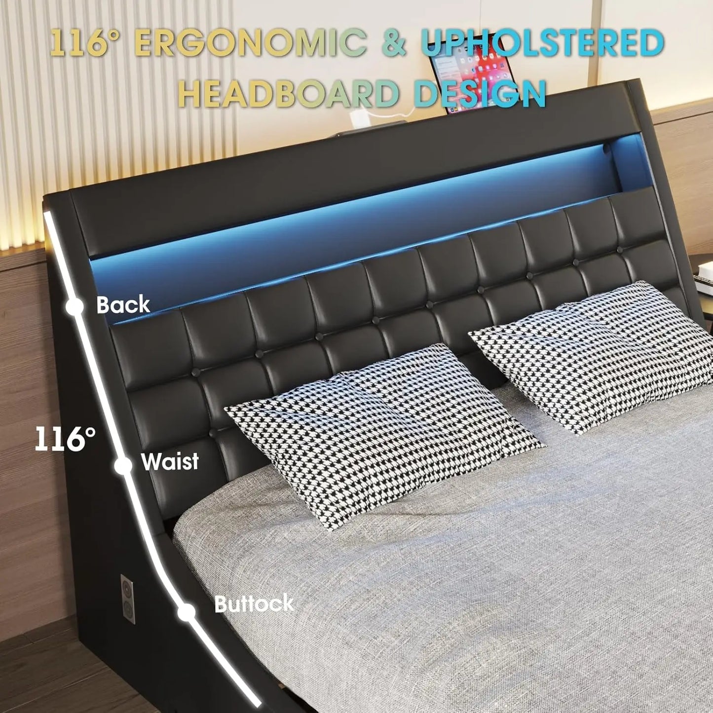 Bed Frame Queen Size or Full Size with Wave-Like Curve Design PU Leather Upholstered Platform Bed Frame with Charging Station&LED Lights