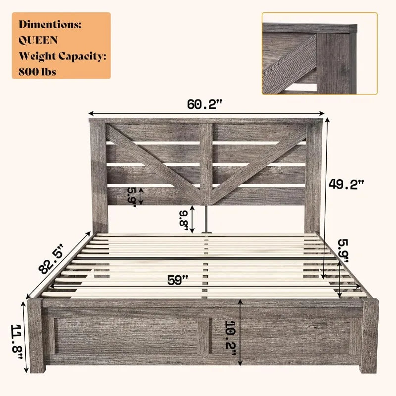 Bed Frame Farmhouse Queen Size with 49.2" Barn Door Headboard Platform Bed Frame with Wood Slats Under Bed Storage Space