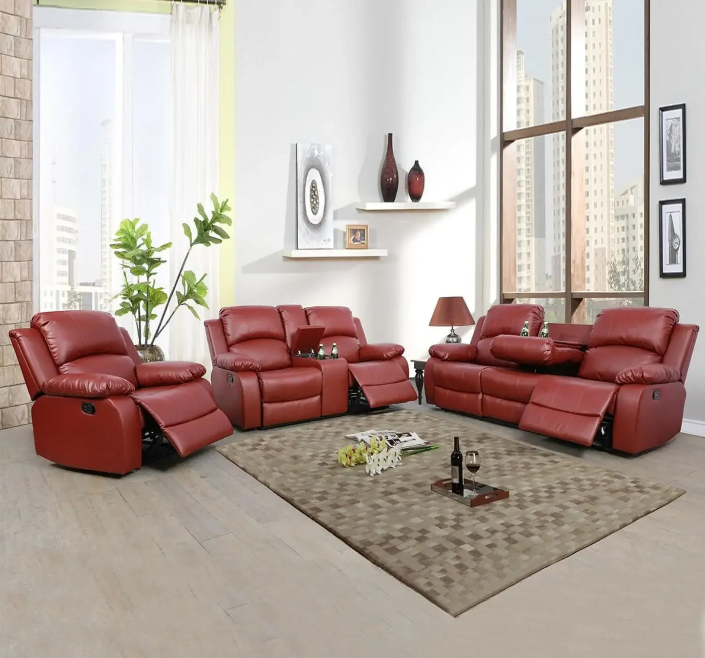 Living Room Leather Recliner Sofa Set, Leather Reclining Sofa, Loveseat, and Chair Set for Living Room Furniture Sets, Beige Recliner Couch Set(Sofa Set 3 Pieces)