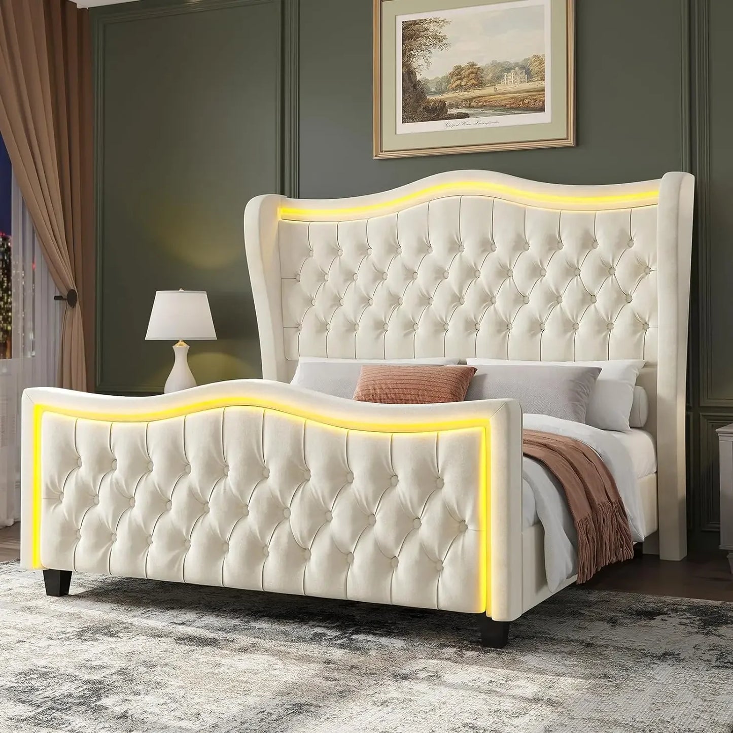 Bed Frame King Size or Queen Size w/LED Lights, 53'' Upholstered Platform Wingback Bed w/Handmade Deep Button Tufted Headboard Footboard