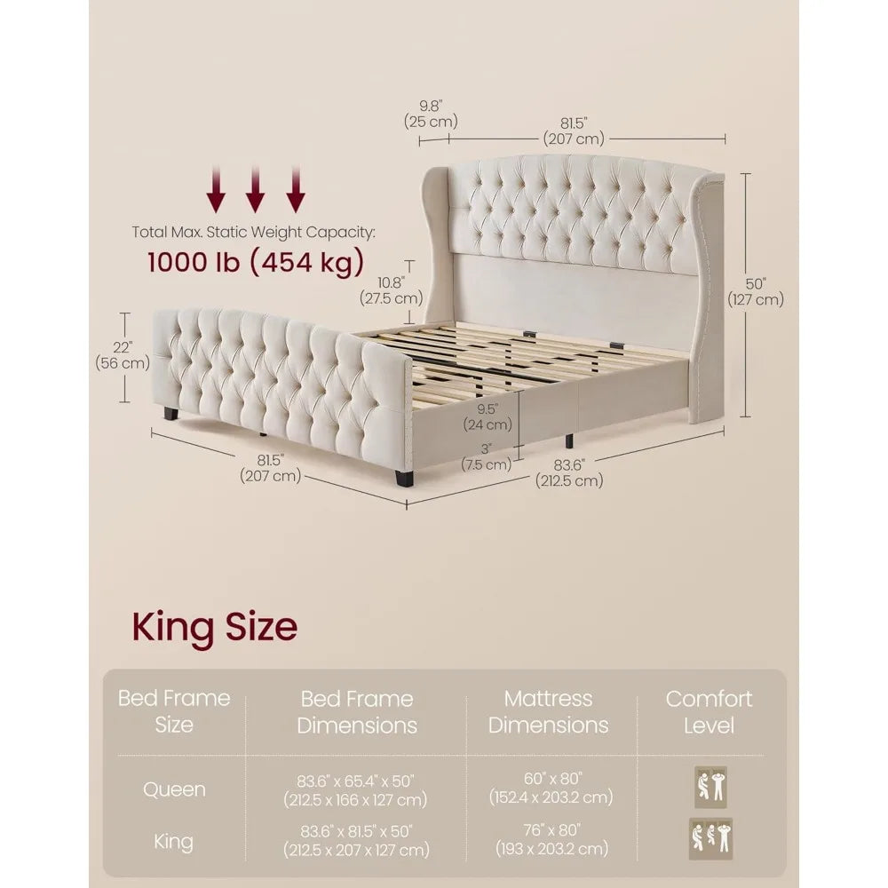 Bed Frame Queen Size or King Size with Tall Headboard, Upholstered Platform Bed Frame King Size, with Wingback Tufted Headboard and Footboard