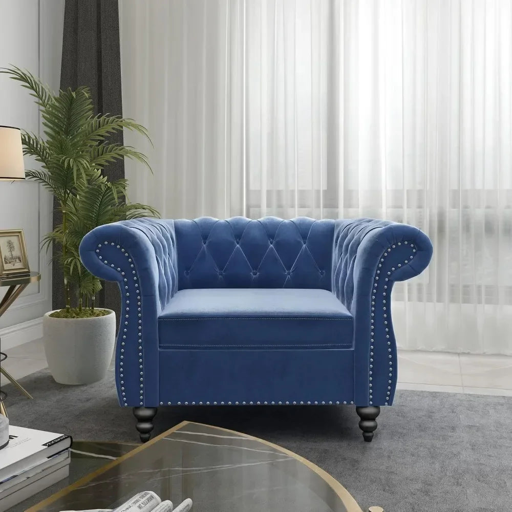 Chair, Modern Velvet Tufted Accent Chair with Scroll Arms and Nail head, Chesterfield Chair