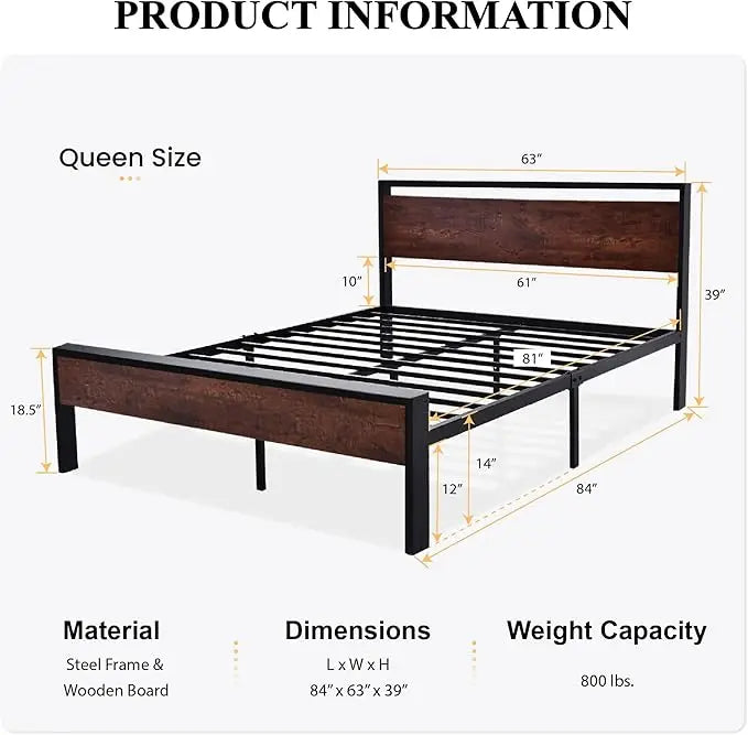 Bed Frame Metal Platform King Size, Queen Size or Full Size with Wooden Headboard and Footboard, Mattress Foundation, No Box Spring Needed