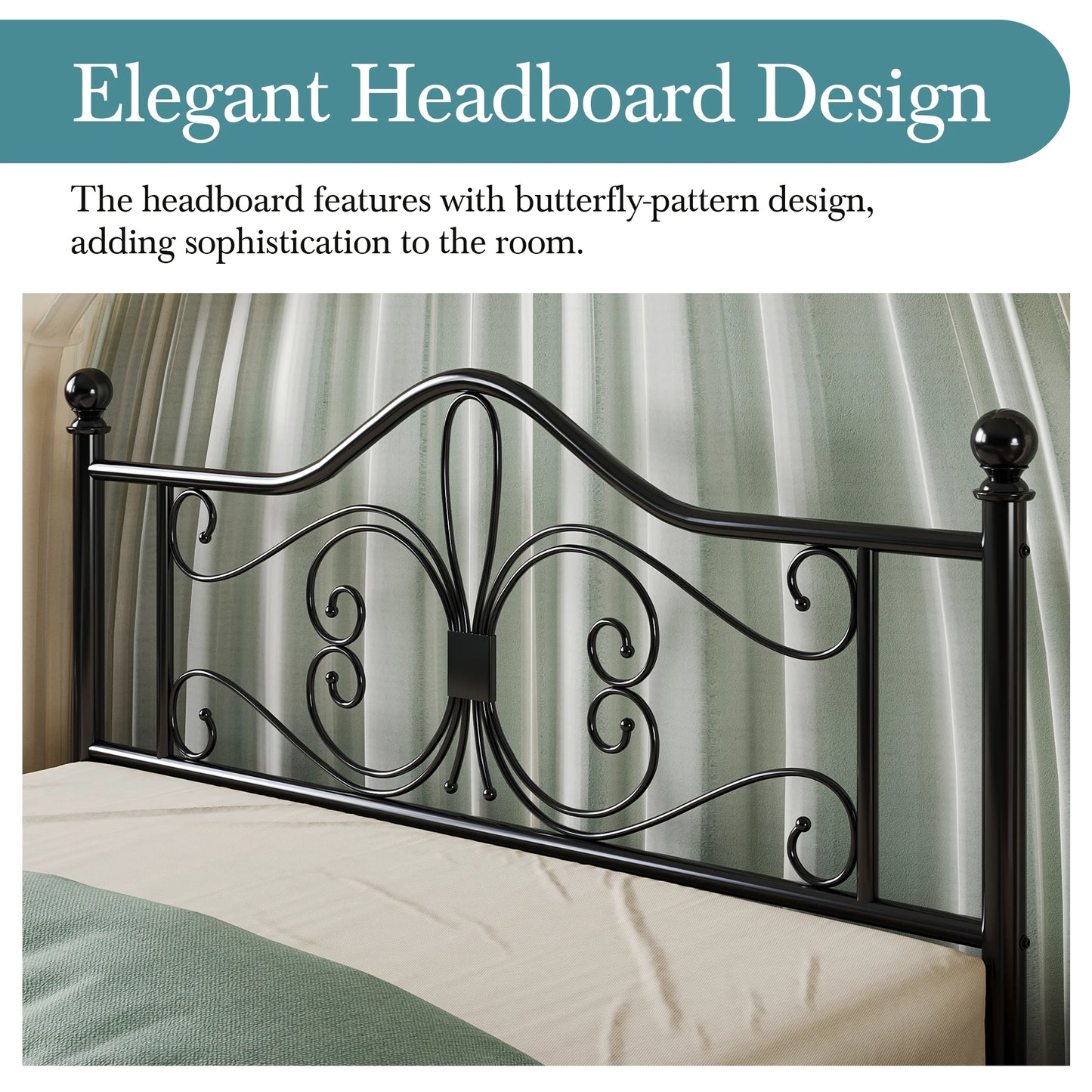 Bed Frame Queen Size or Full Size or Twin Size, Platform Metal Bed Frame with Butterfly Pattern Design Headboard & Footboard Alleiwe