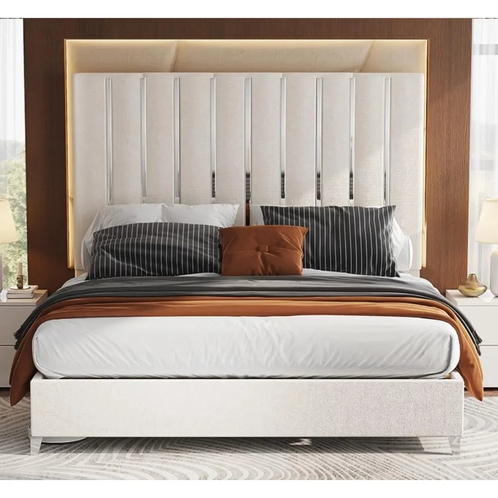 Bed Frame King Size or Queen Size, 58" Tall Headboard, Silver Plating Trim, Sturdy Beds No Box Spring Needed,Velvet Upholstered Platform Bed Frame