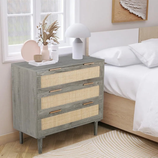 Large Nightstand Rattan Drawer, Modern 3 Drawer Night Stand Bedroom, Bedside Table, Grey