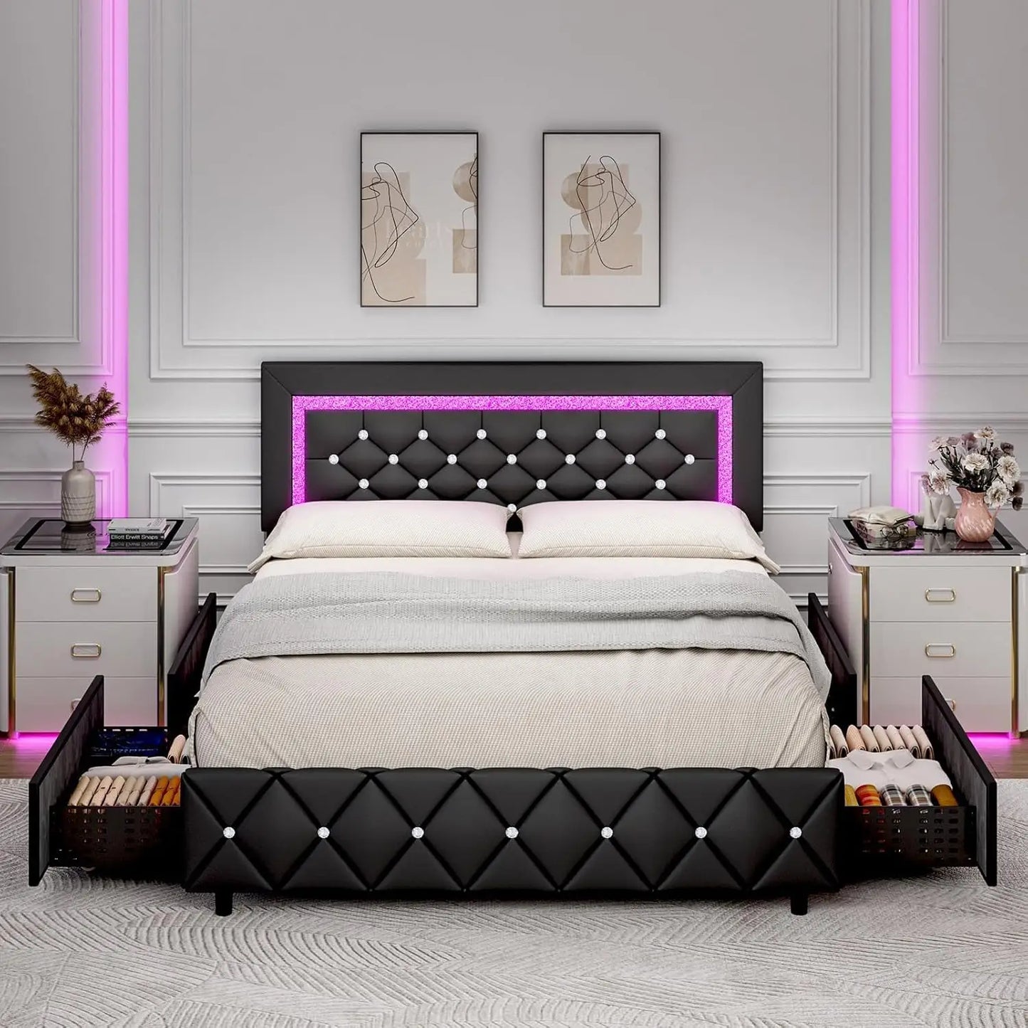 Bed Frame King Size with LED Lights and Storage Drawers, Upholstered Platform Bed with Crystal Tufted Headboard, Wooden Slats