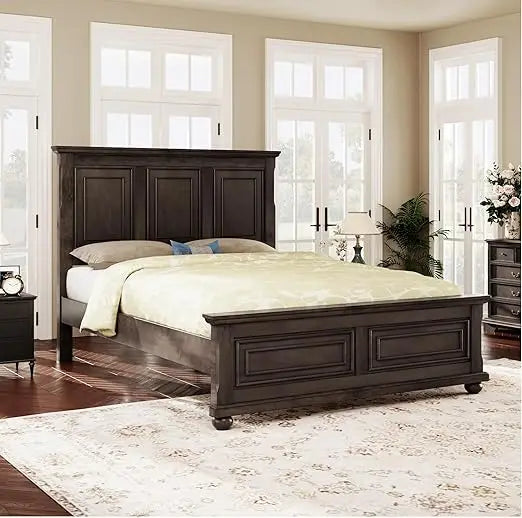 Platform Bed King Size or Queen Size with Tall Headboard  Footboard, Pinewood King Bed Frame with Wood Panel Bed Base,White,Bed Frames