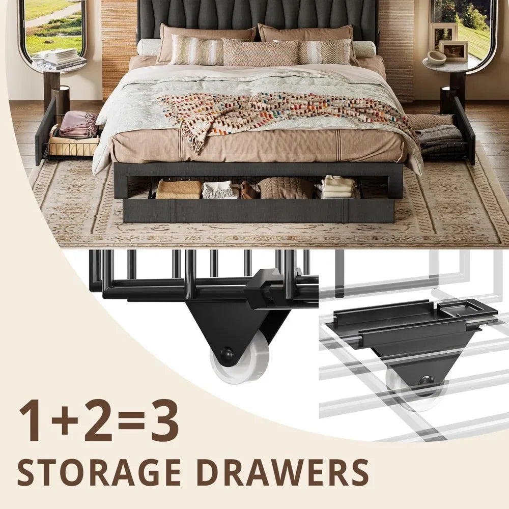 Bed Frame King Size or Queen Size with Storage Headboard and Charging Station, Platform Bed with 3 Drawers, No Box Spring Needed, Easy Assembly