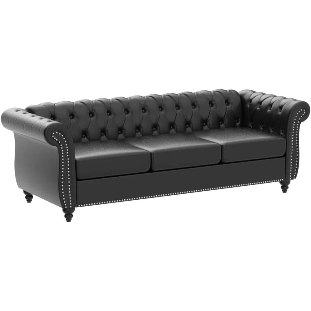 Living Room Couch or Loveseat or Chair, 84" Upholstered Tufted Couch 3 Seater or Loveseat or Chair with Rolled Arms and Nailhead for Living Room, Bedroom, Leather Sofa