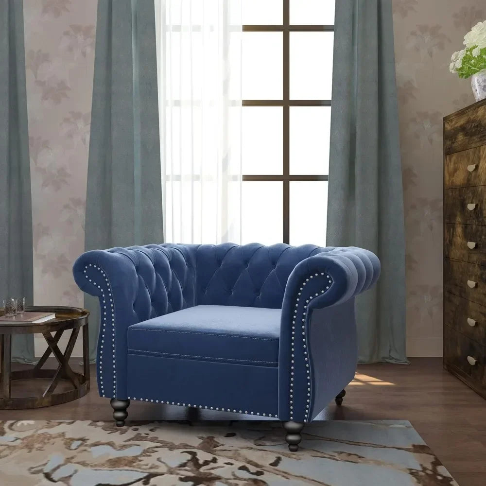 Chair, Modern Velvet Tufted Accent Chair with Scroll Arms and Nail head, Chesterfield Chair