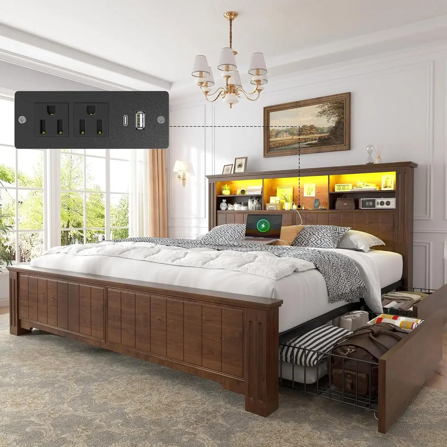 Bed Frame Queen Size with 4 Storage Drawers LED Queen Bed Frame with Headboard Bed Frame Queen Size Built in Charging Station