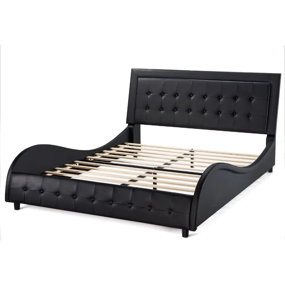 Bed frame King Size with adjustable headboard, box tufted upholstered platform bed, mattress base with plank support, Modern Wave