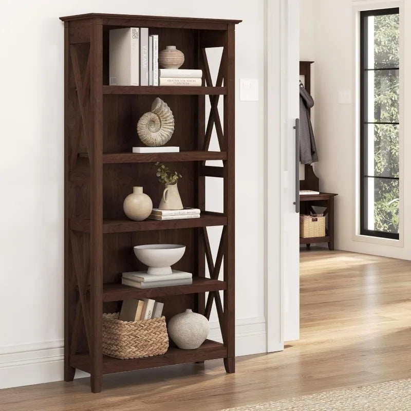 Bookcase Tall 5 Shelf  for Living Room or Home Office, Large Bookshelf, Modern Farmhouse Style, Key West Collection, Bing Cherry