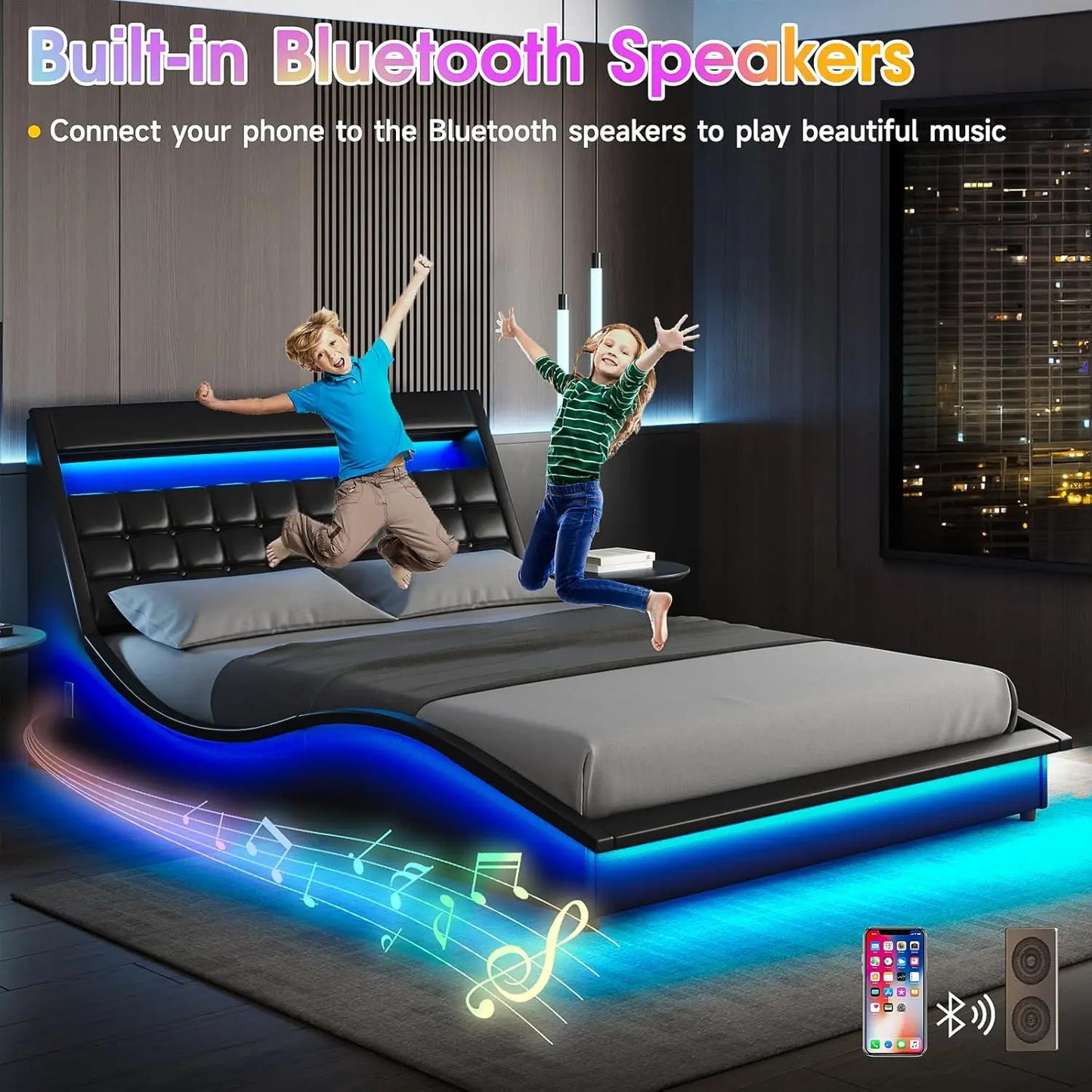 Bed Frame Queen Size or Full Size with Wave-Like Curve Design PU Leather Upholstered Platform Bed Frame with Charging Station&LED Lights