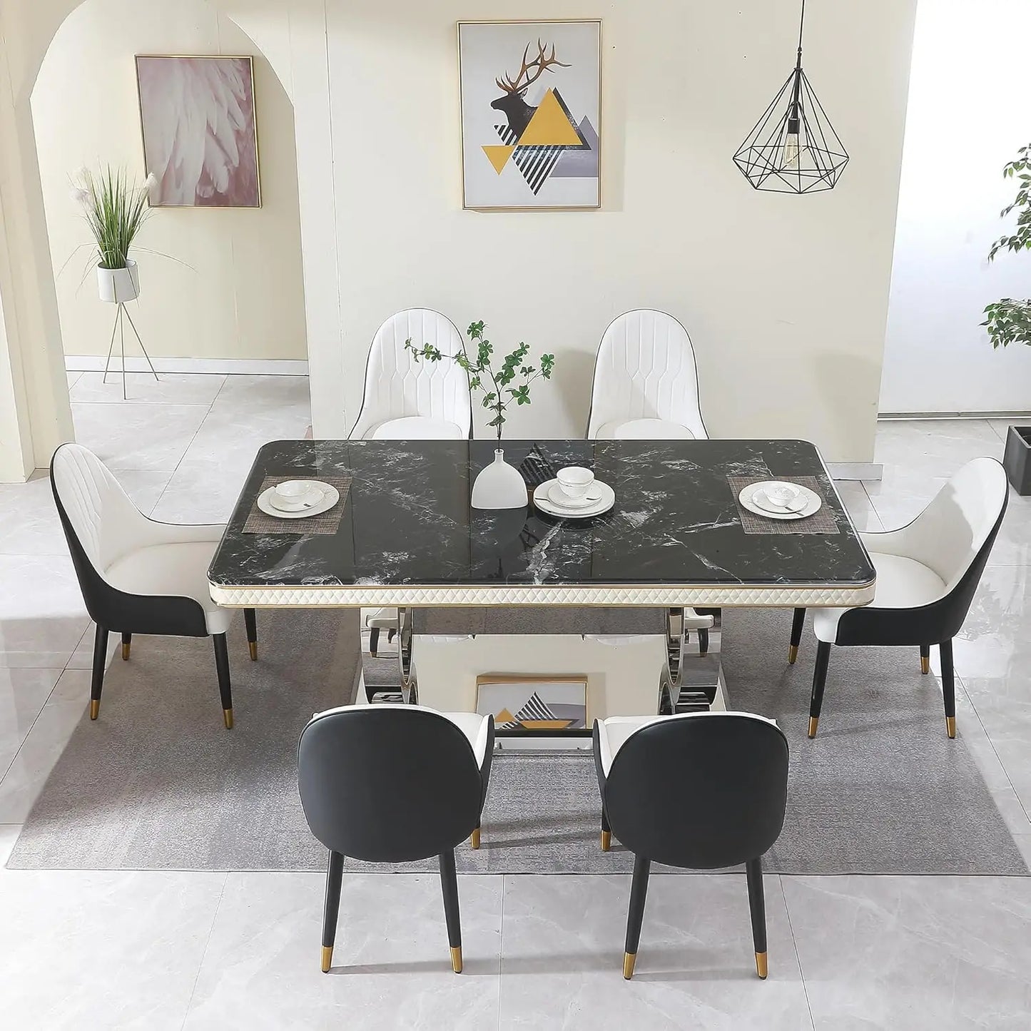 Dining Room Set 7 or 9 Piece  with 79"Luxury Marble Table, Rectangular Stone Table with 8 Black White Dining Chairs Dining Table