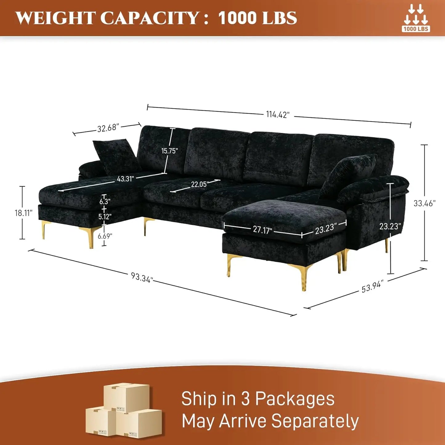 Living Room U-Shaped Sectional Sofa Couch, 4-Seat Sofa Set for Living Room, Convertible L-Shaped Velvet Couch Set with Chaise Lounge