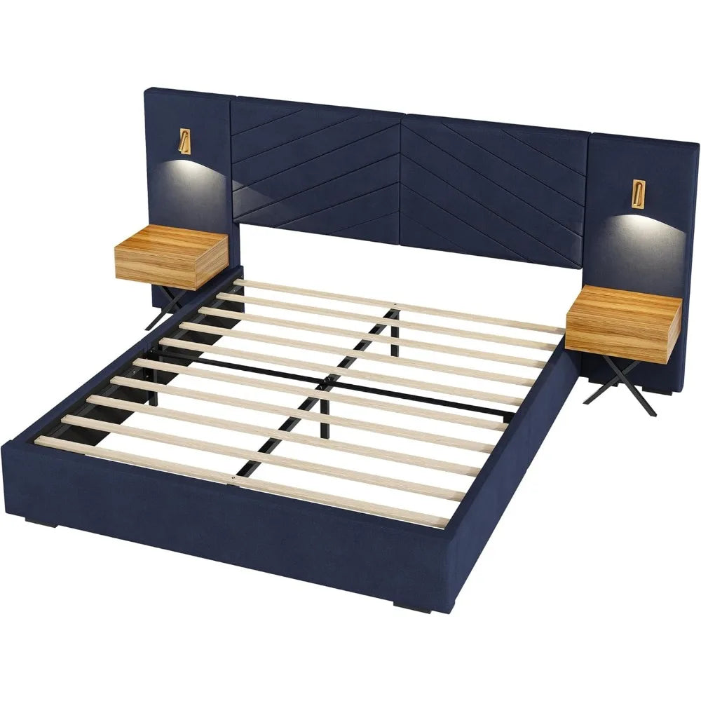 Bed Frame with Built-in Gold LED Lights and Nightstands, Luxury King Size or Queen Size Platform Bed with Oversize Upholstered Headboard