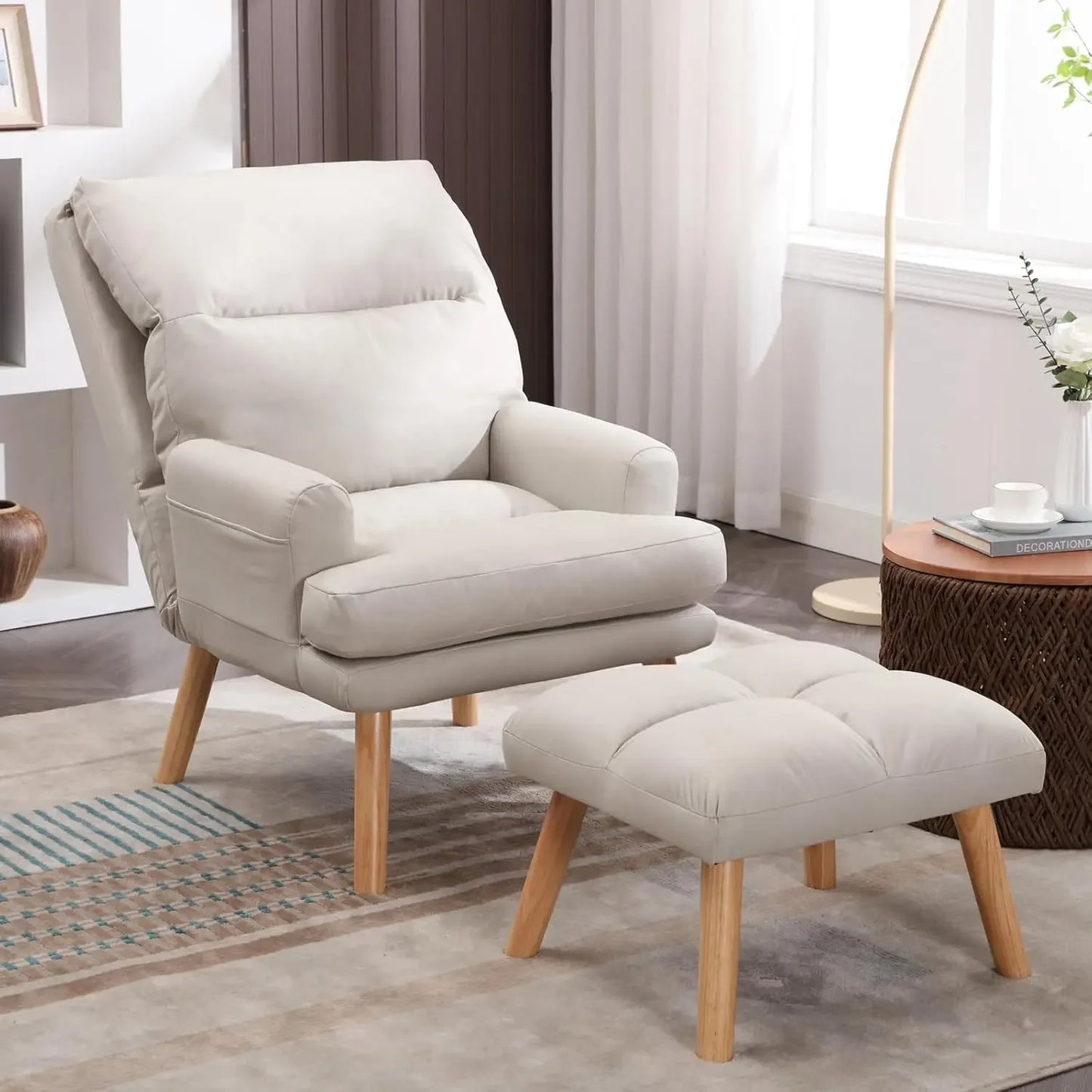 Chair Modern Accent Chair with Ottoman, Soft Fabric Armchair with Adjustable Backrest and Side Pockets, Comfy Lounge Chair