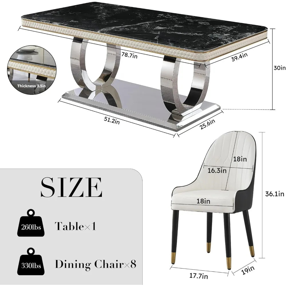 Dining Room Set 7 or 9 Piece  with 79"Luxury Marble Table, Rectangular Stone Table with 8 Black White Dining Chairs Dining Table