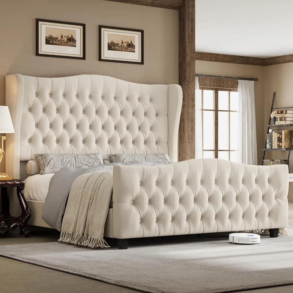 Bed Frame King Size Tall Headboard 54.3", Platform with Deep Button Tufted Wingback Headboard and Footboard, Velvet Upholstered