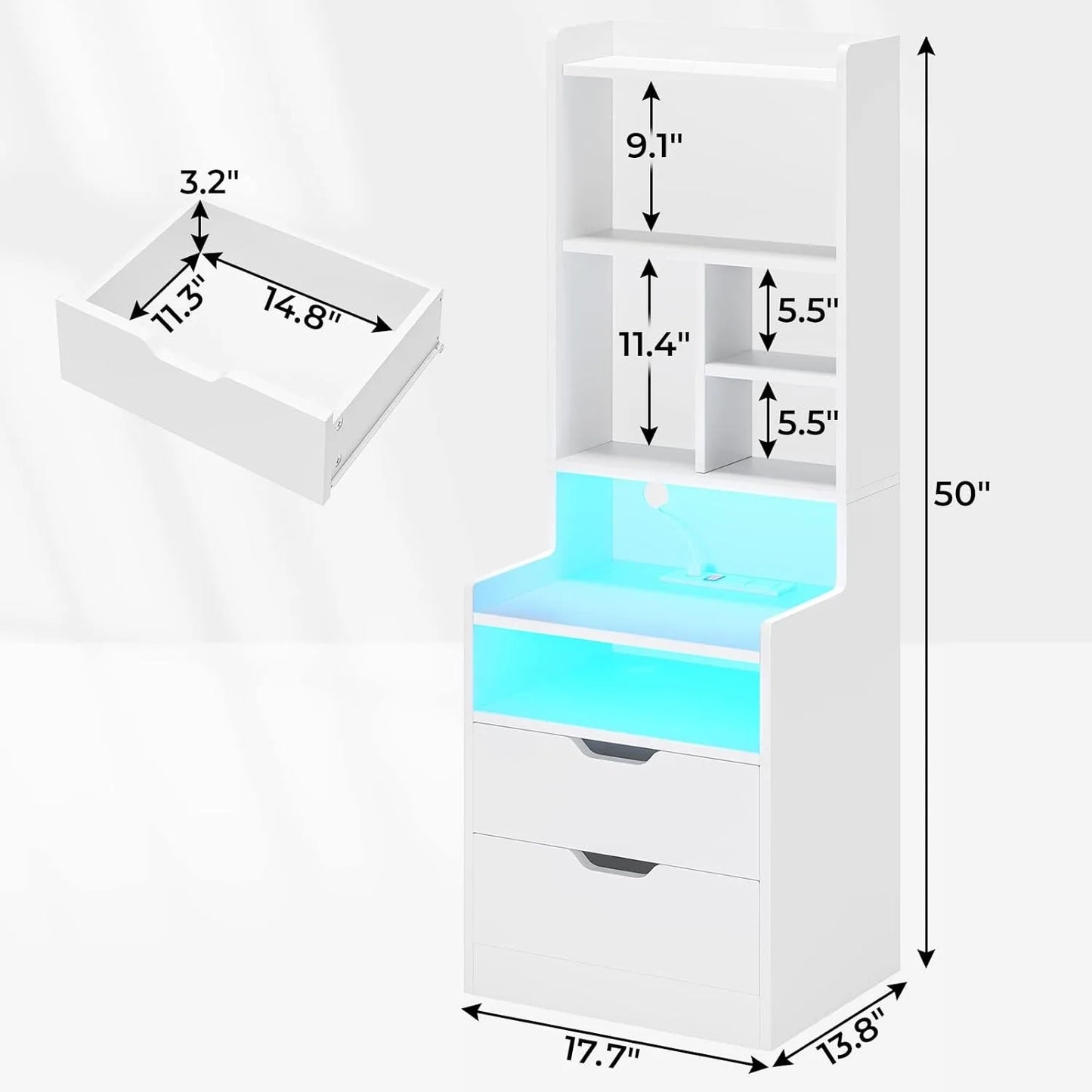 Nightstand Tall with Charging Station & LED Lights White LED Nightstand with Bookshelf, Bedside Table or End Table with Shelves and 2 Drawers