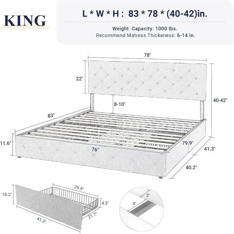 Bed Frame Upholstered King Size Platform with 4 Storage Drawers and Headboard Diamond Stitched Button Tufted No Box Spring Needed Grey