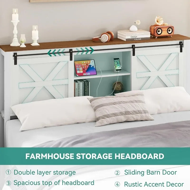 Bed Frame Farmhouse Queen Size or King Size with Headboard, Bookcase Storage Shelves, Sliding Barn Door, Charging Station, Rustic Wood