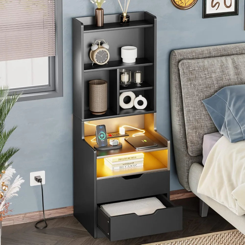 End Table Tall or Tall Night Stand with Charging Station and LED Lights,Nightstand with Bookshelf,Bedside Table with Drawers & Power Outlets