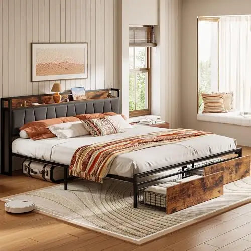 Bed Frame California King Size or Queen Size or Full Size , Storage Headboard with Charging Station, Platform Bed with Drawers