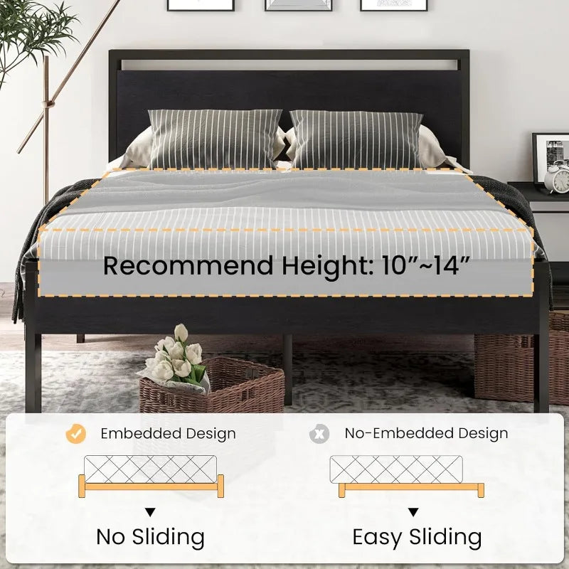 Bed Frame Metal Platform King Size, Queen Size or Full Size with Wooden Headboard and Footboard, Mattress Foundation, No Box Spring Needed