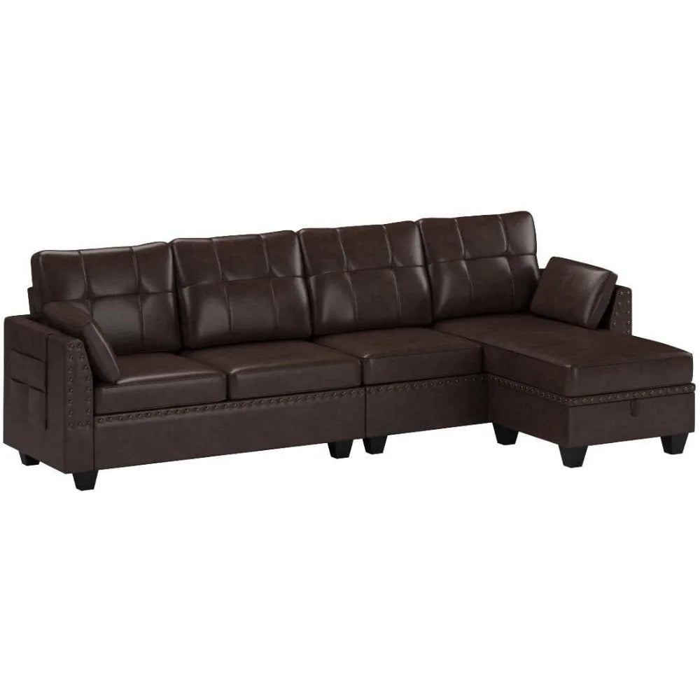 Living Room Leather Sectional Sofa Couch Reversible L Shaped Couch Sofa 4 Seat Sofa Sectional Couch for Small Apartment