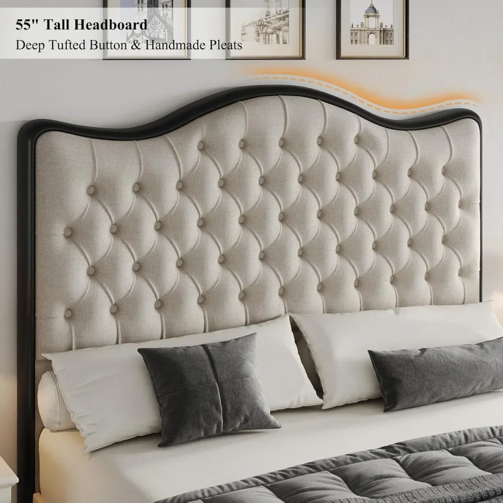 Platform Bed Frame Queen Size with 55" Tall Curved Headboard, Linen Modern Upholstered Bed Frame with Deep Tufted Button