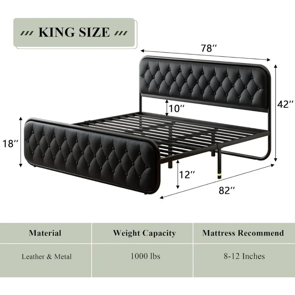 Bed Frame Heavy Duty King Size or Queen Size or Full Size Bed Frame With Faux Leather Headboard Bedroom Furniture 12" Under-Bed Storage Black