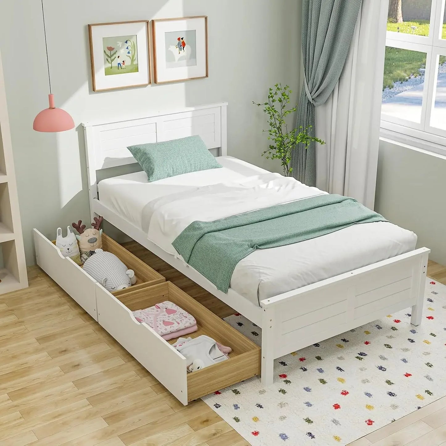 Bed Frame Full Size or Twin Size with 2 Storage Drawers, Solid Wood Platform Bed with Headboard, No Spring Needed, Wood Bed Frame